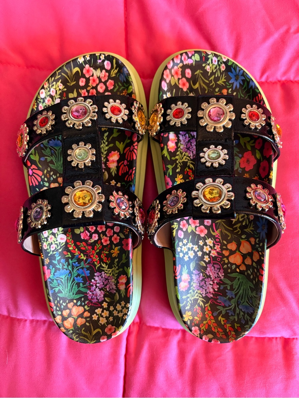 Betsey Johnson Black Floral Gem-Embellished Slide Sandals